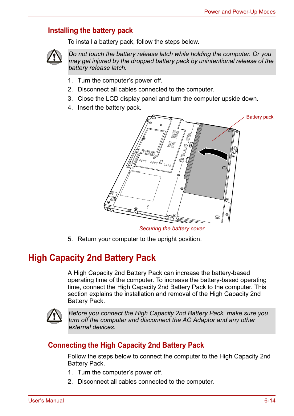 High capacity 2nd battery pack, High capacity 2nd battery pack -14, Installing the battery pack | Connecting the high capacity 2nd battery pack | Toshiba Portege R200 (PPR21) User Manual | Page 103 / 184