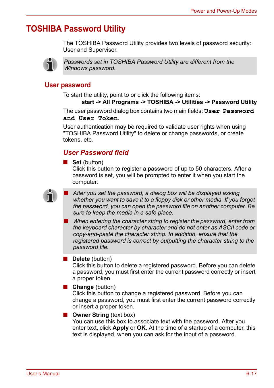 Toshiba password utility, Toshiba password utility -17, User password | Toshiba Portege R200 (PPR21) User Manual | Page 106 / 184