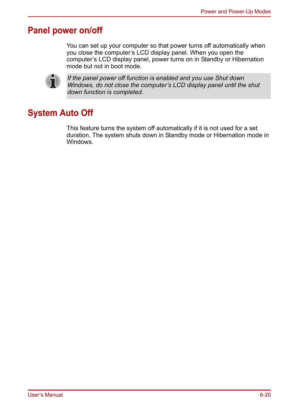 Panel power on/off, System auto off, Panel power on/off -20 system auto off -20 | Toshiba Portege R200 (PPR21) User Manual | Page 109 / 184