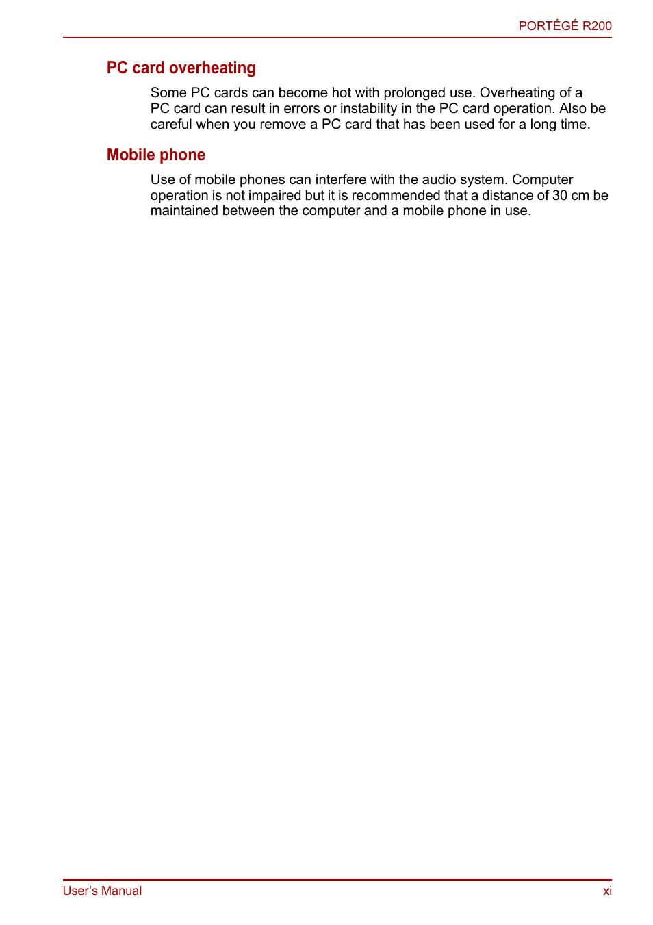 Pc card overheating, Mobile phone | Toshiba Portege R200 (PPR21) User Manual | Page 11 / 184