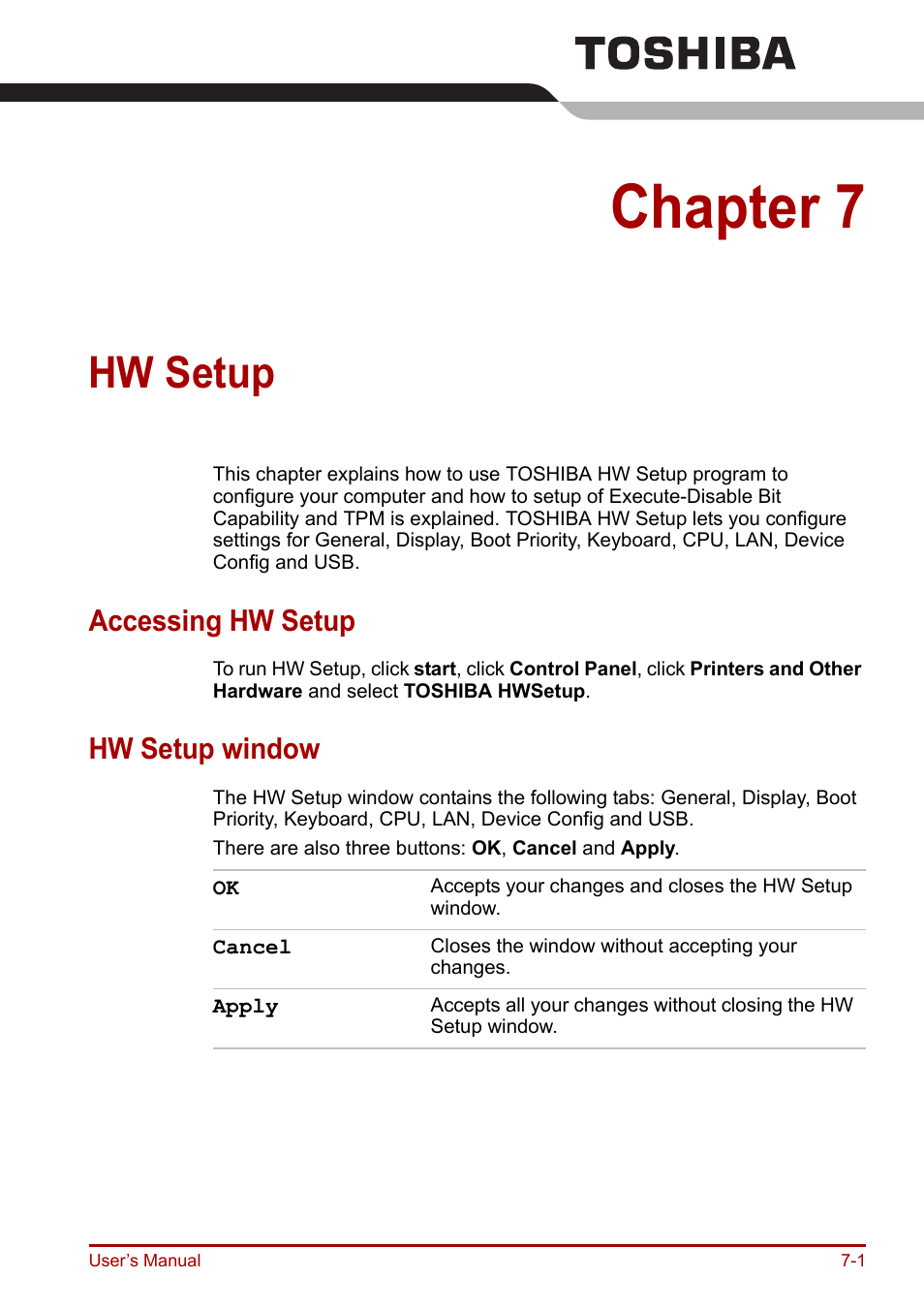 Chapter 7: hw setup, Accessing hw setup, Hw setup window | Hw setup, Chapter 7, Accessing hw setup -1 hw setup window -1 | Toshiba Portege R200 (PPR21) User Manual | Page 110 / 184