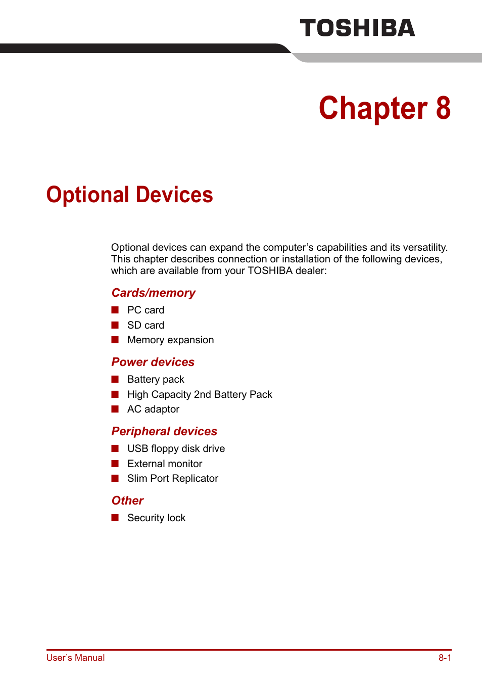Chapter 8: optional devices, Optional devices, Chapter 8 | Toshiba Portege R200 (PPR21) User Manual | Page 119 / 184
