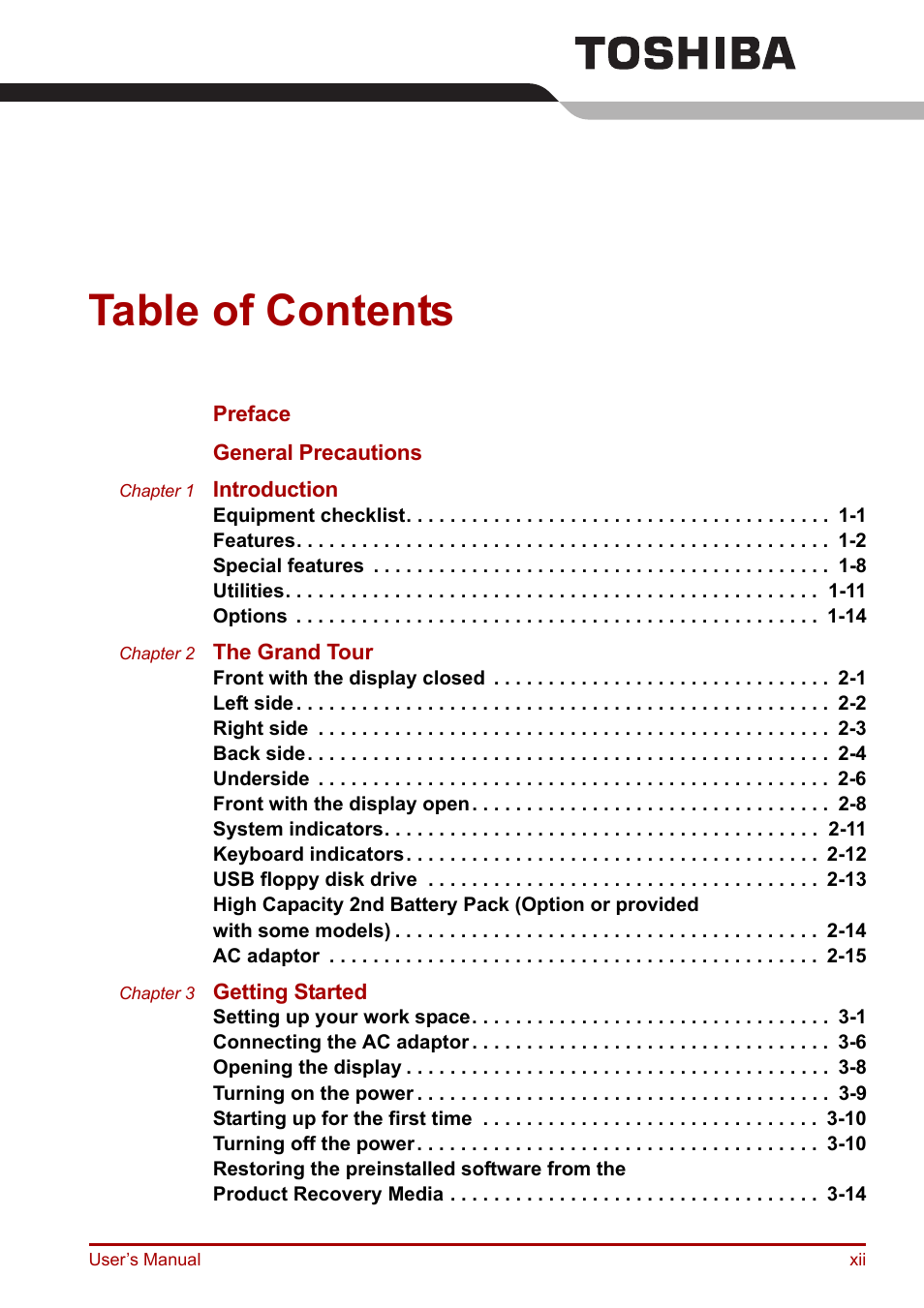 Toshiba Portege R200 (PPR21) User Manual | Page 12 / 184