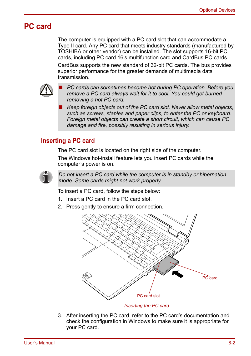 Pc card, Pc card -2, Inserting a pc card | Toshiba Portege R200 (PPR21) User Manual | Page 120 / 184
