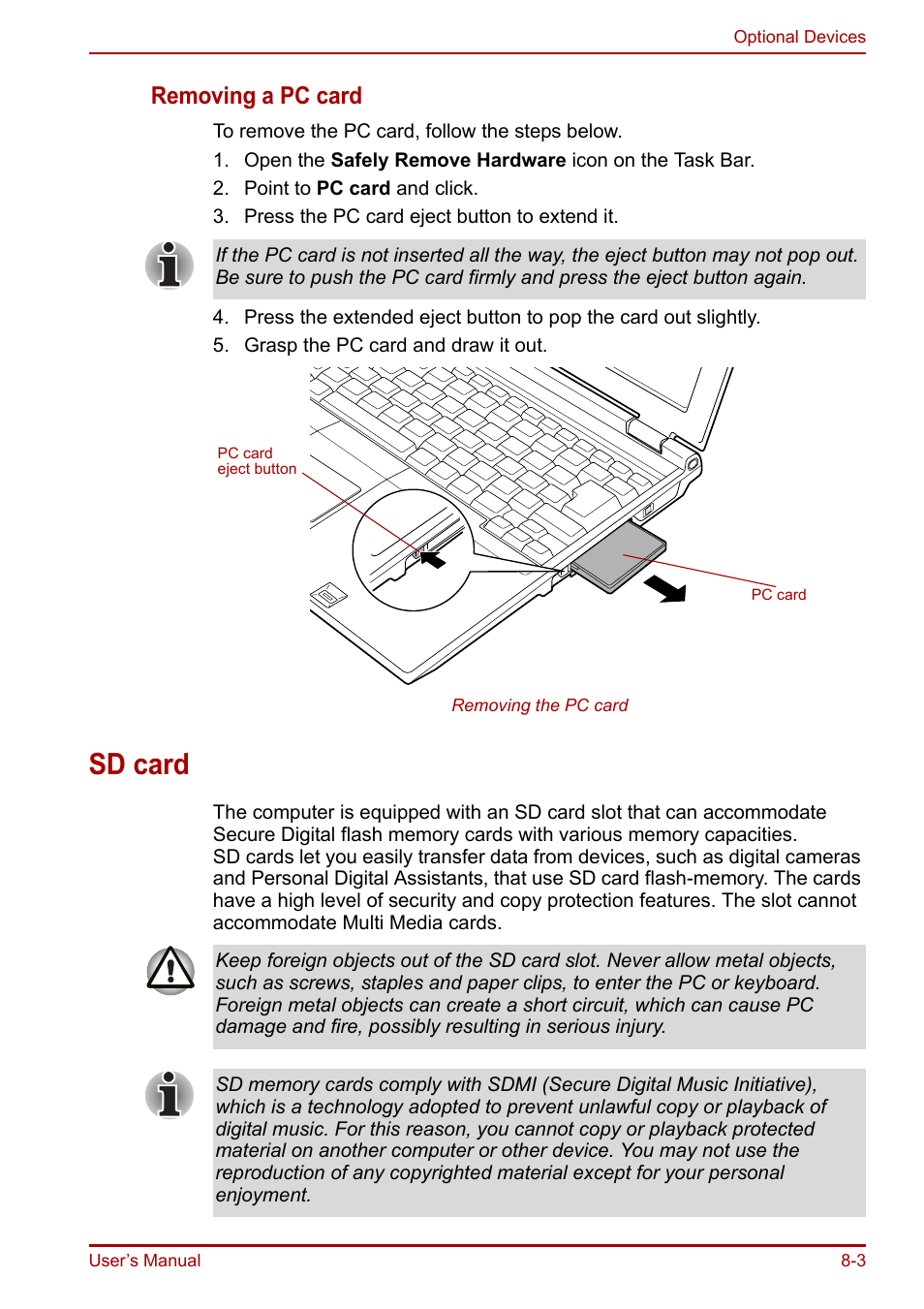 Sd card, Sd card -3, Removing a pc card | Toshiba Portege R200 (PPR21) User Manual | Page 121 / 184
