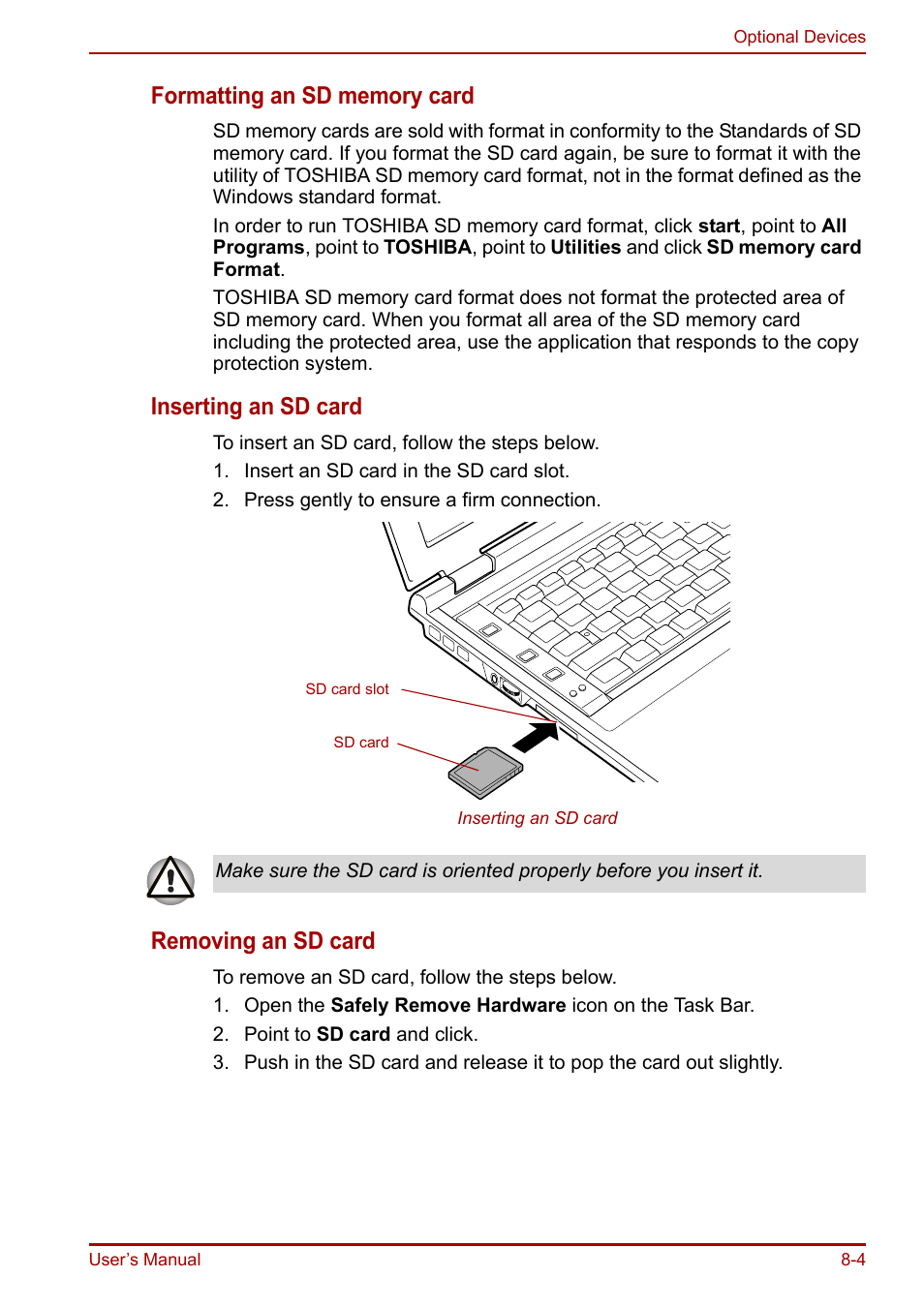 Inserting an sd card, Removing an sd card | Toshiba Portege R200 (PPR21) User Manual | Page 122 / 184