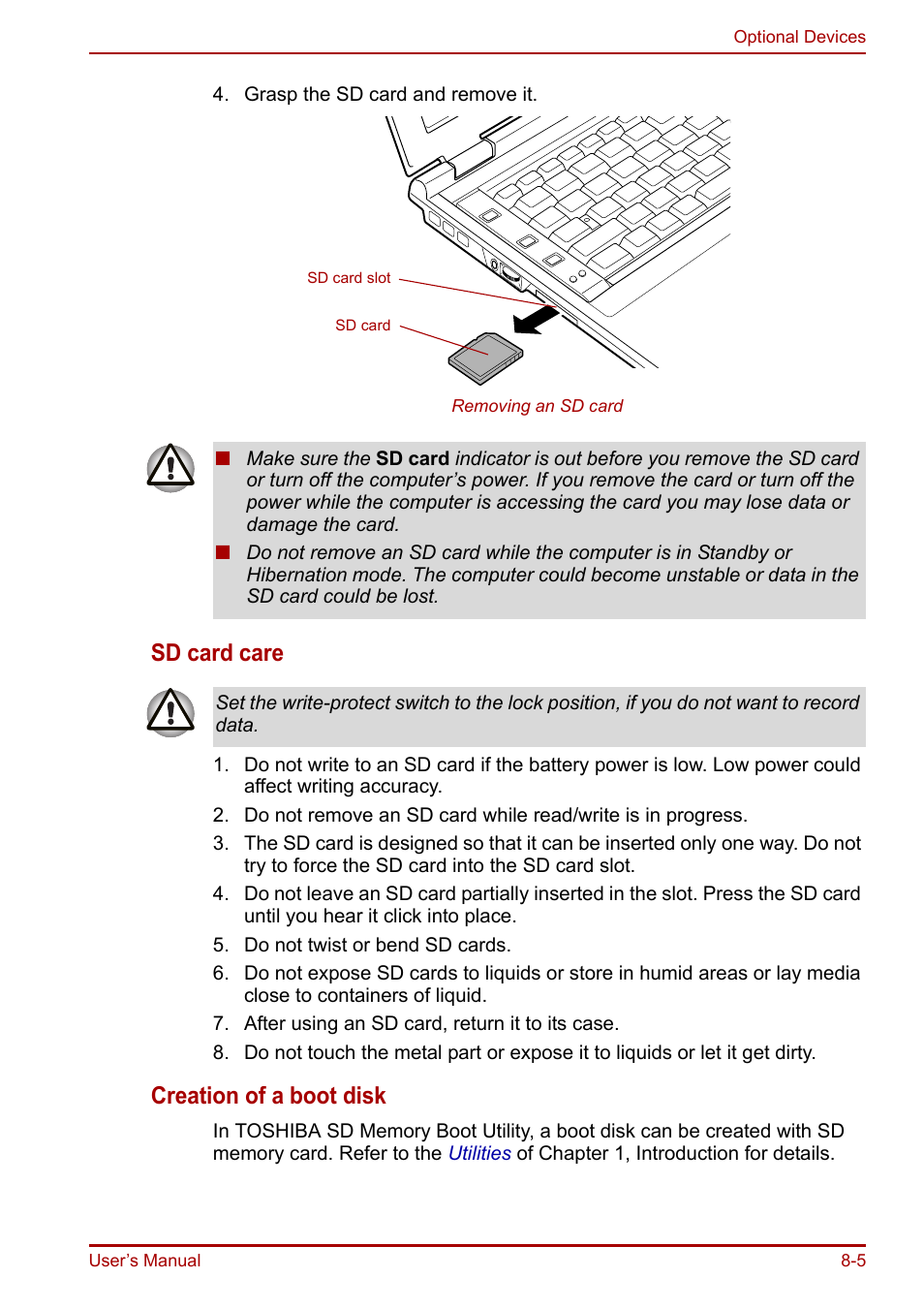 Sd card care, Creation of a boot disk | Toshiba Portege R200 (PPR21) User Manual | Page 123 / 184