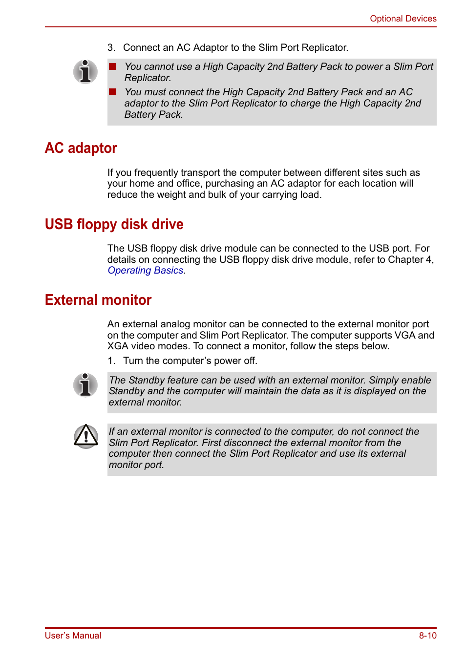 Ac adaptor, Usb floppy disk drive, External monitor | Ac adaptor -10, Usb floppy disk drive -10 external monitor -10 | Toshiba Portege R200 (PPR21) User Manual | Page 128 / 184