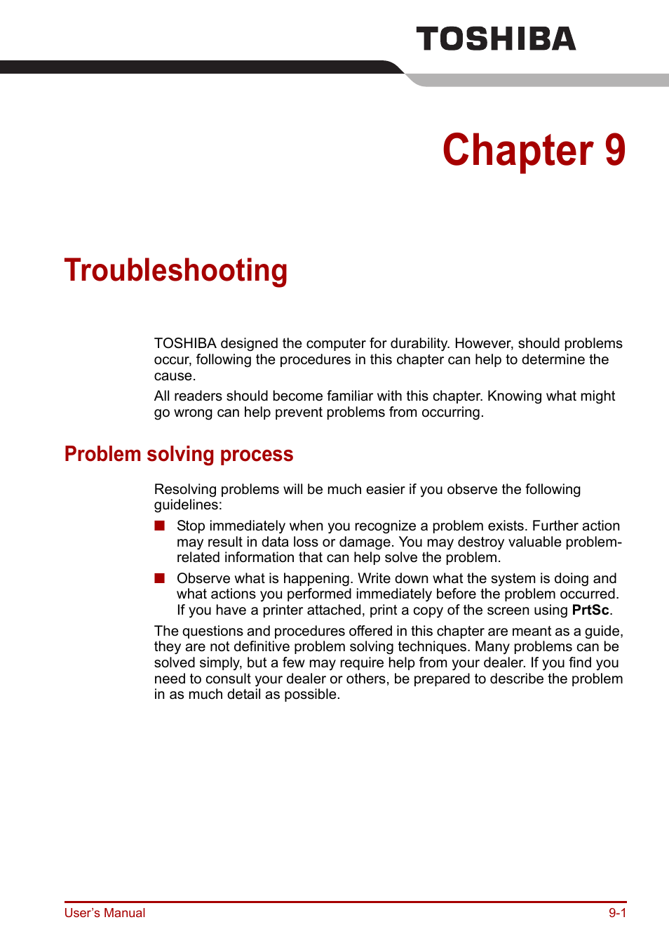 Chapter 9: troubleshooting, Problem solving process, Troubleshooting | Chapter 9, Problem solving process -1 | Toshiba Portege R200 (PPR21) User Manual | Page 131 / 184