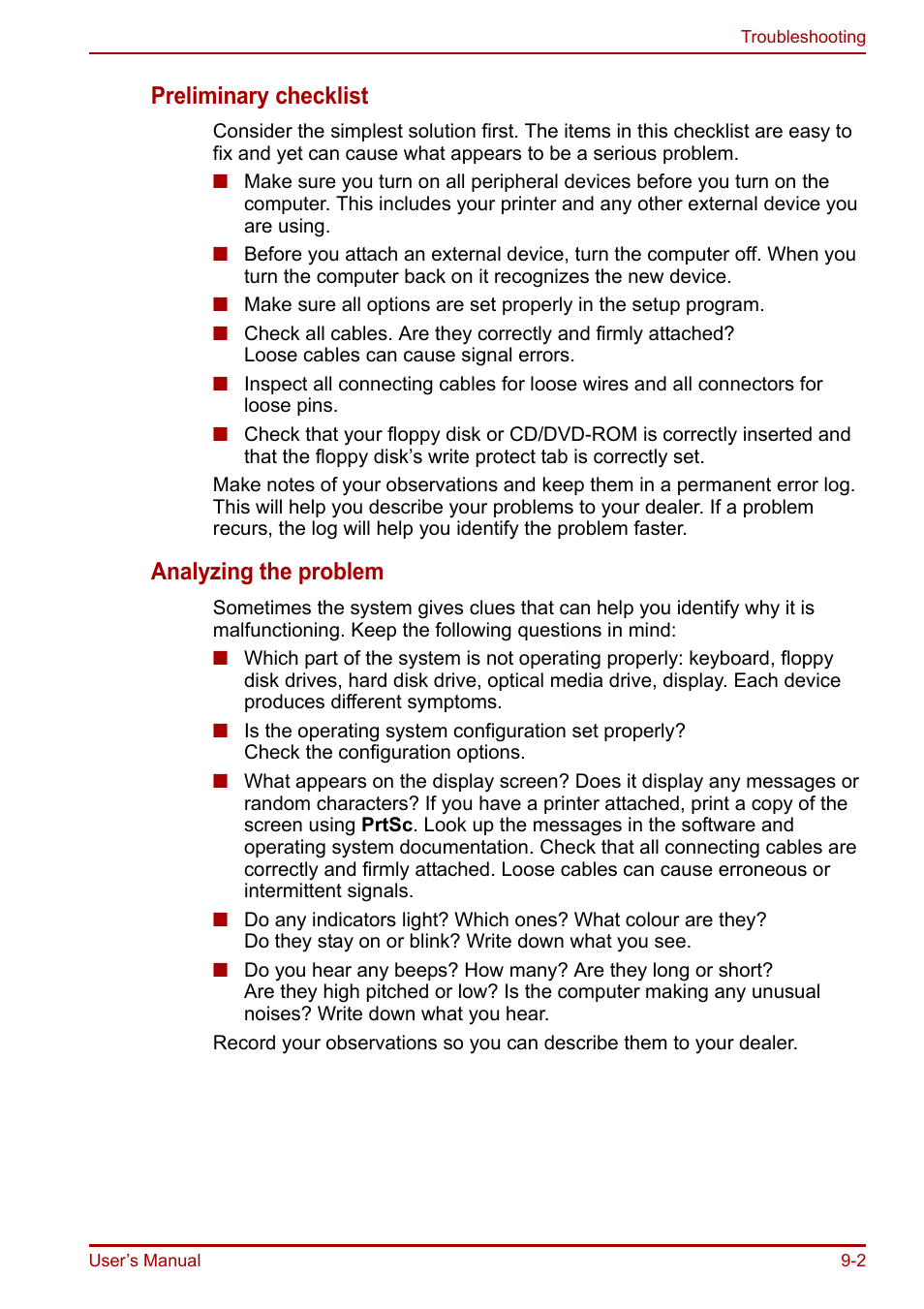 Preliminary checklist, Analyzing the problem | Toshiba Portege R200 (PPR21) User Manual | Page 132 / 184