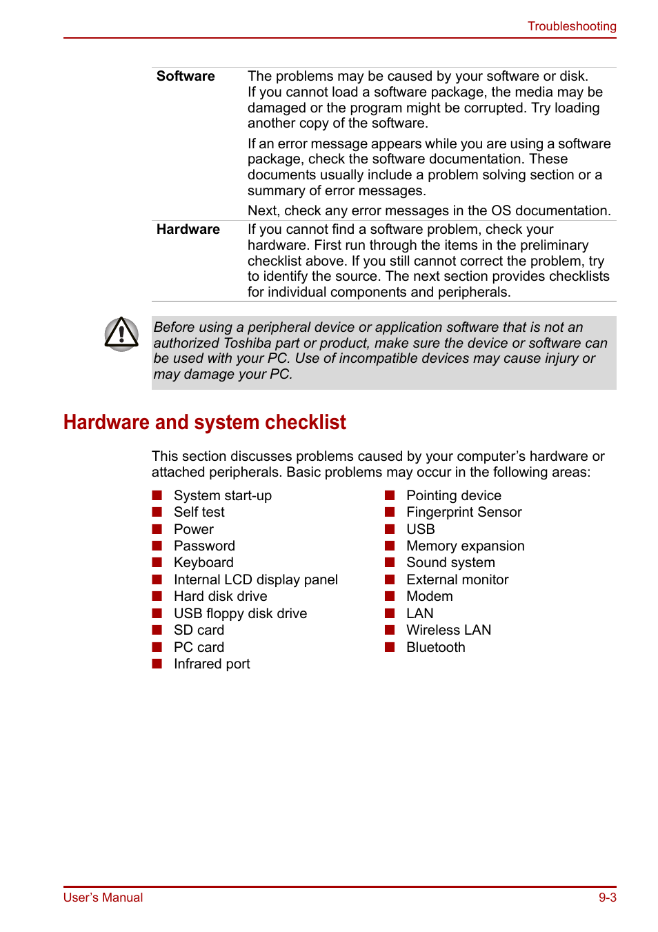 Hardware and system checklist, Hardware and system checklist -3 | Toshiba Portege R200 (PPR21) User Manual | Page 133 / 184