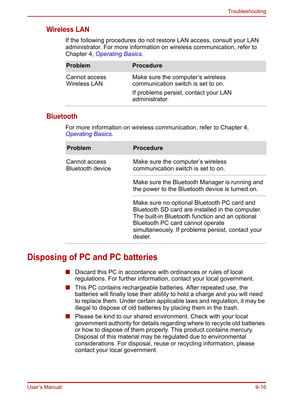 Disposing of pc and pc batteries, Disposing of pc and pc batteries -16, Wireless lan | Bluetooth | Toshiba Portege R200 (PPR21) User Manual | Page 146 / 184