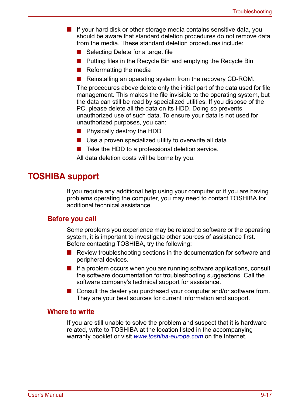 Toshiba support, Toshiba support -17, Before you call | Where to write | Toshiba Portege R200 (PPR21) User Manual | Page 147 / 184