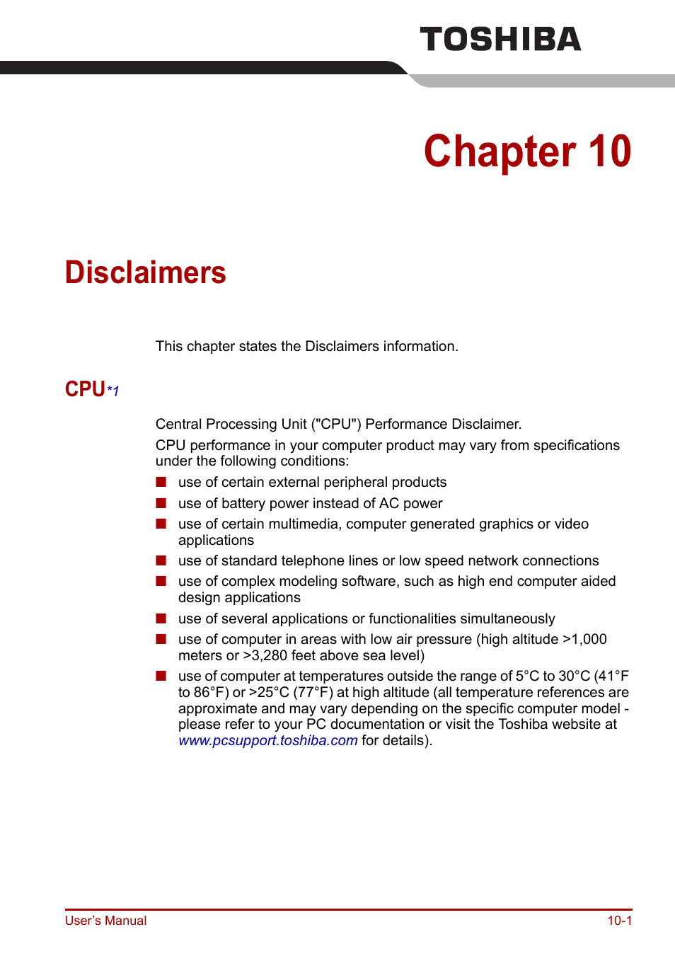 Chapter 10: disclaimers, Cpu*1, Disclaimers | Chapter 10 | Toshiba Portege R200 (PPR21) User Manual | Page 148 / 184