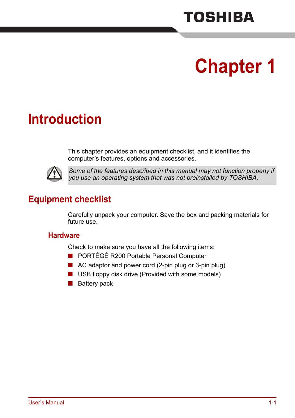 Chapter 1: introduction, Equipment checklist, Introduction | Chapter 1, Equipment checklist -1 | Toshiba Portege R200 (PPR21) User Manual | Page 15 / 184