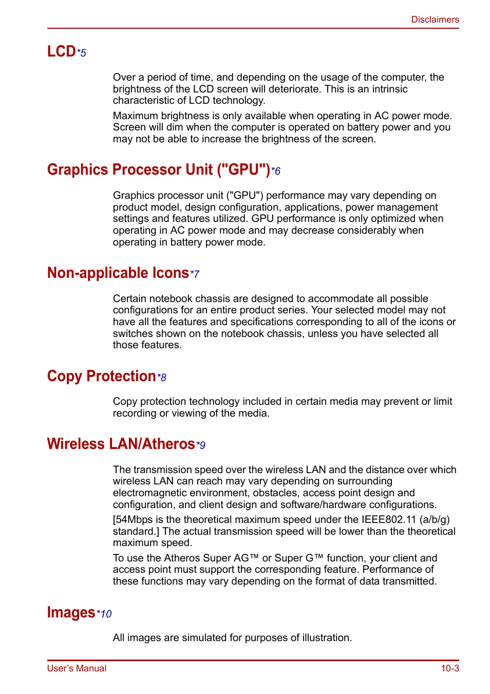 Lcd*5, Graphics processor unit ("gpu")*6, Non-applicable icons*7 | Copy protection*8, Wireless lan/atheros*9, Images*10, Graphics processor unit ("gpu"), Non-applicable icons, Copy protection, Wireless lan/atheros | Toshiba Portege R200 (PPR21) User Manual | Page 150 / 184