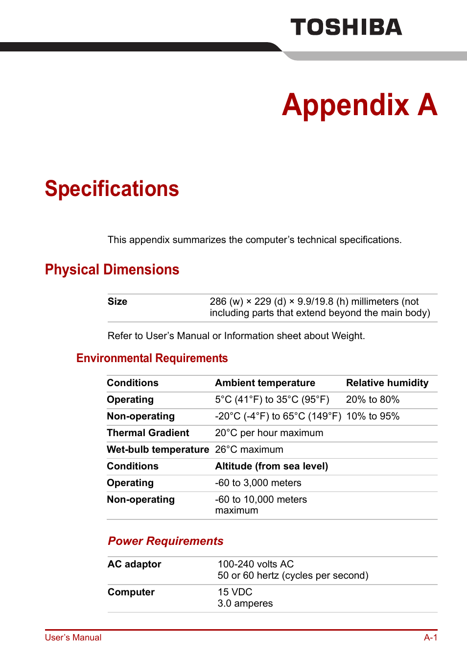 Appendix a: specifications, Physical dimensions, Appendixes | Appendix a, Specifications | Toshiba Portege R200 (PPR21) User Manual | Page 151 / 184