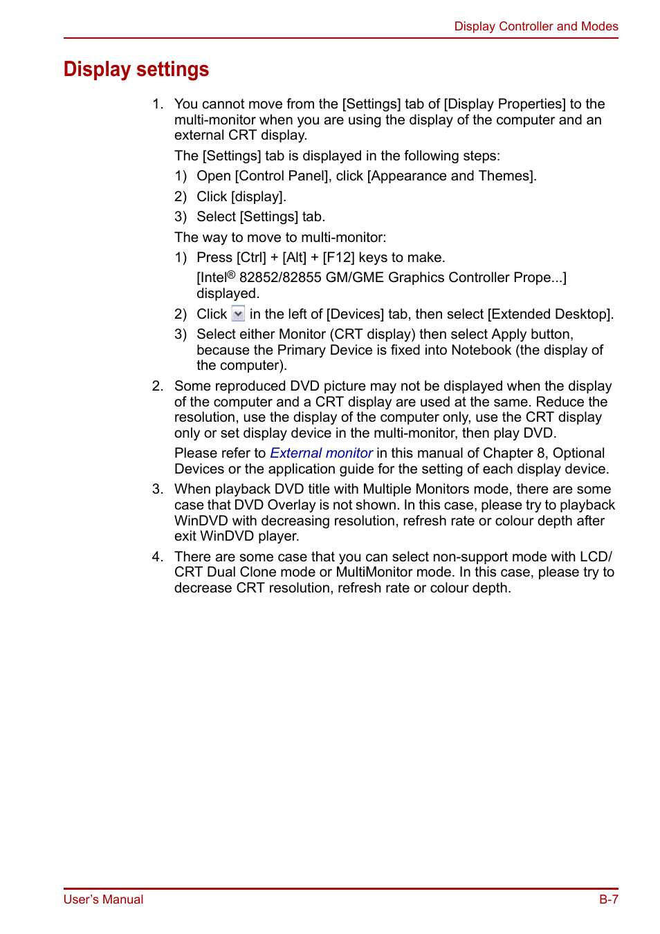 Display settings | Toshiba Portege R200 (PPR21) User Manual | Page 159 / 184