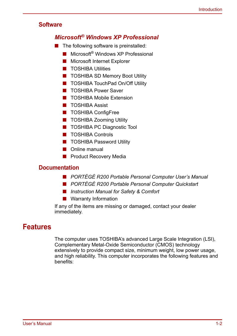 Features, Features -2, Software | Documentation | Toshiba Portege R200 (PPR21) User Manual | Page 16 / 184