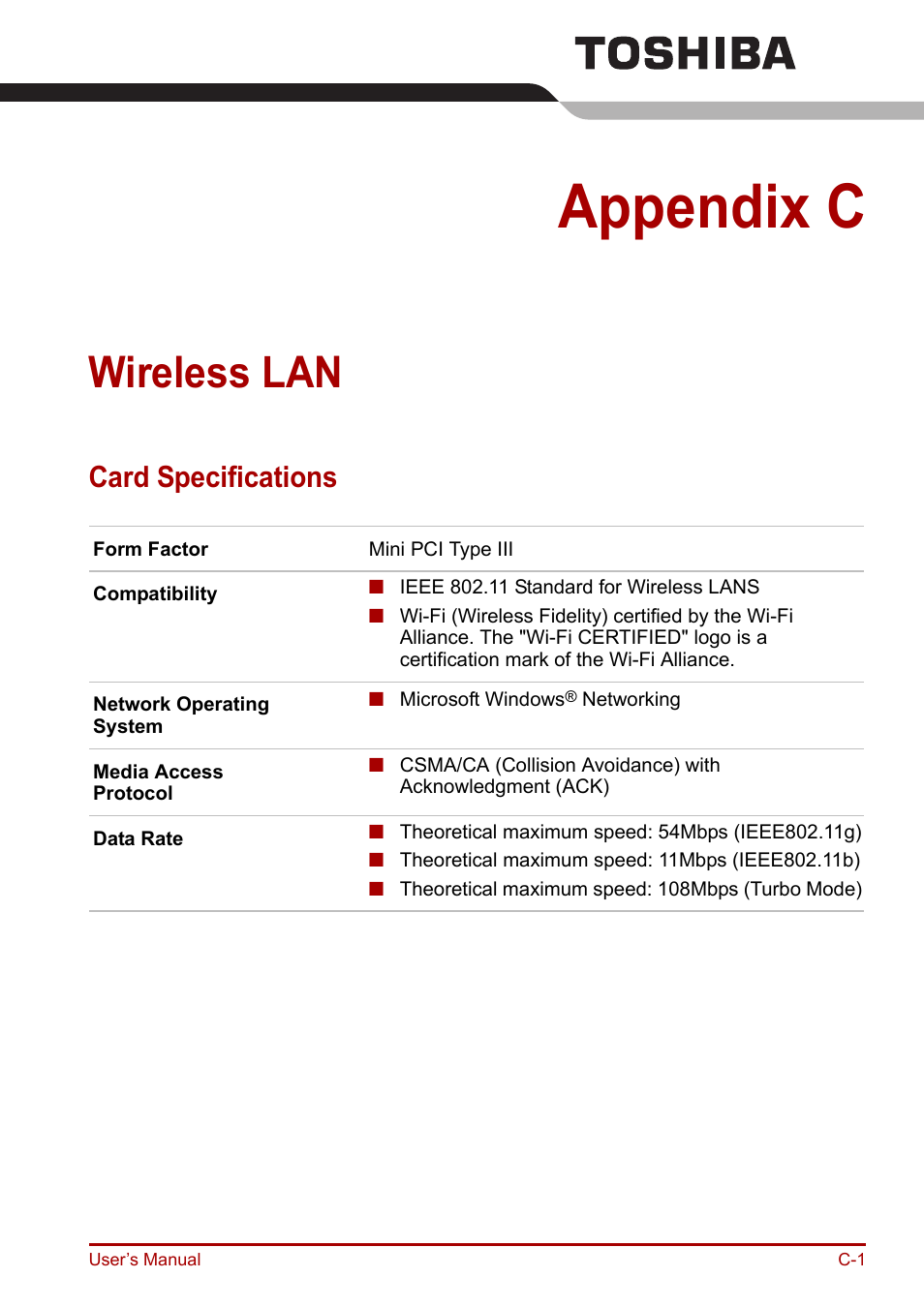Appendix c: wireless lan, Card specifications, Appendix c | Wireless lan | Toshiba Portege R200 (PPR21) User Manual | Page 160 / 184