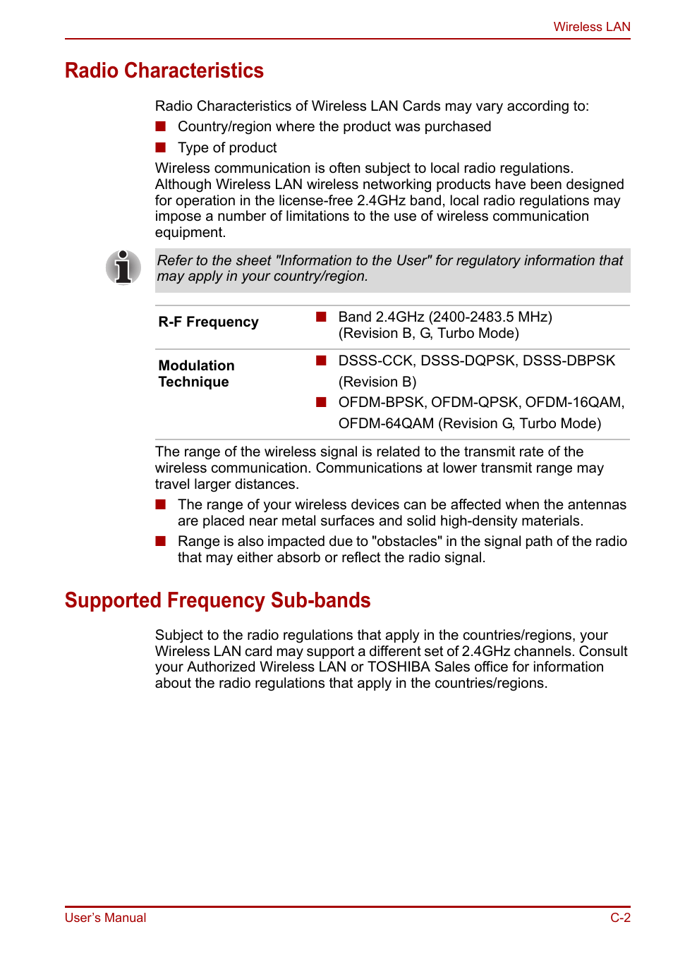 Radio characteristics, Supported frequency sub-bands | Toshiba Portege R200 (PPR21) User Manual | Page 161 / 184