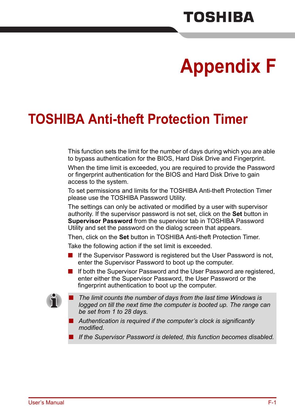 Appendix f: toshiba anti-theft protection timer, Appendix f, Toshiba anti-theft protection timer | Toshiba Portege R200 (PPR21) User Manual | Page 167 / 184