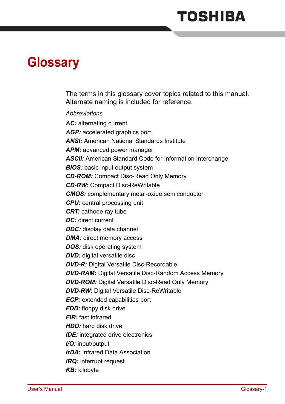 Glossary | Toshiba Portege R200 (PPR21) User Manual | Page 168 / 184
