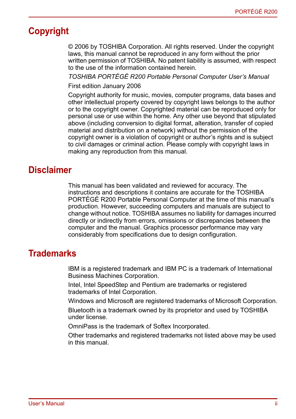 Copyright, Disclaimer, Trademarks | Toshiba Portege R200 (PPR21) User Manual | Page 2 / 184