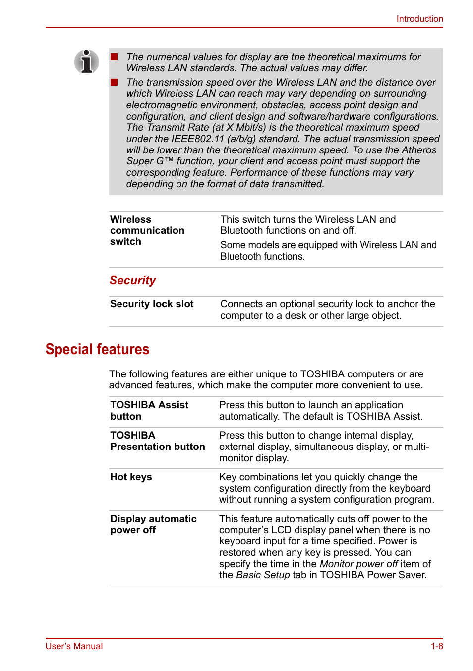 Special features, Special features -8 | Toshiba Portege R200 (PPR21) User Manual | Page 22 / 184