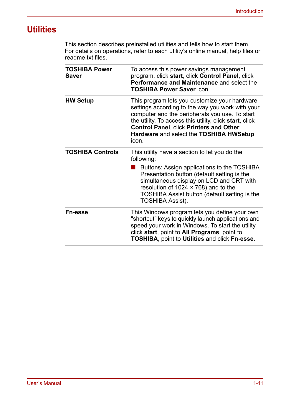 Utilities, Utilities -11 | Toshiba Portege R200 (PPR21) User Manual | Page 25 / 184