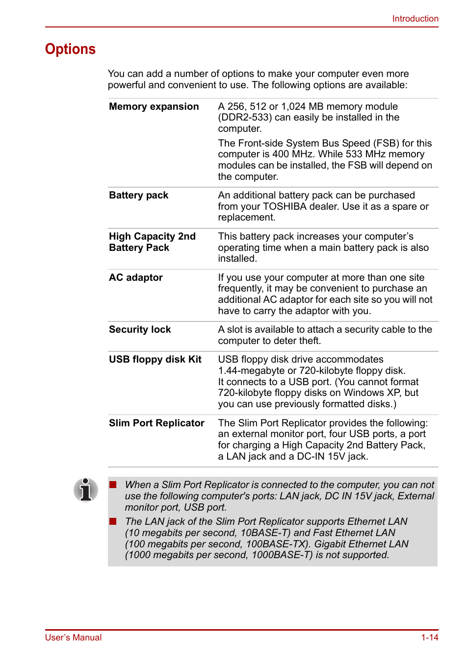Options, Options -14 | Toshiba Portege R200 (PPR21) User Manual | Page 28 / 184