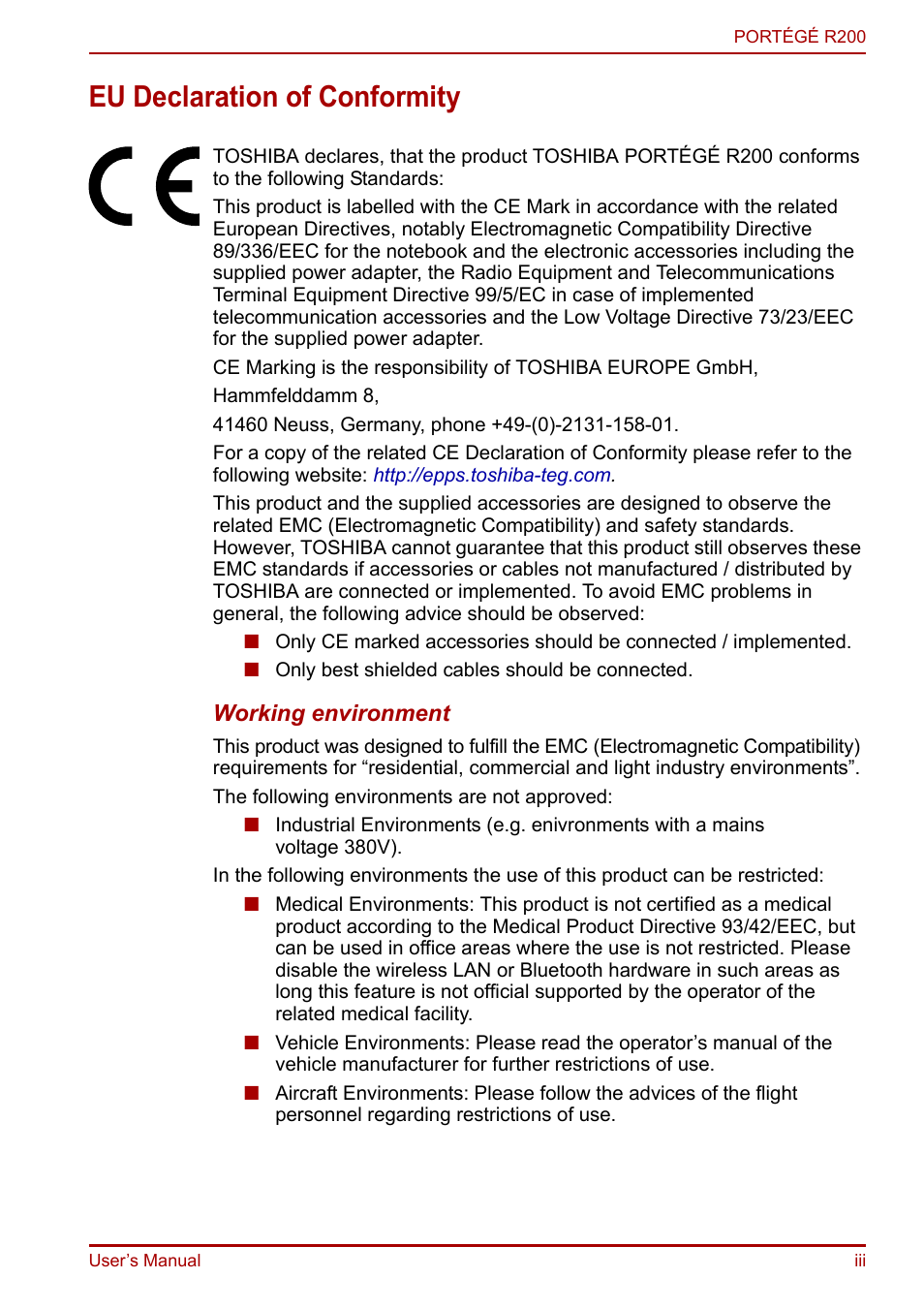 Eu declaration of conformity | Toshiba Portege R200 (PPR21) User Manual | Page 3 / 184