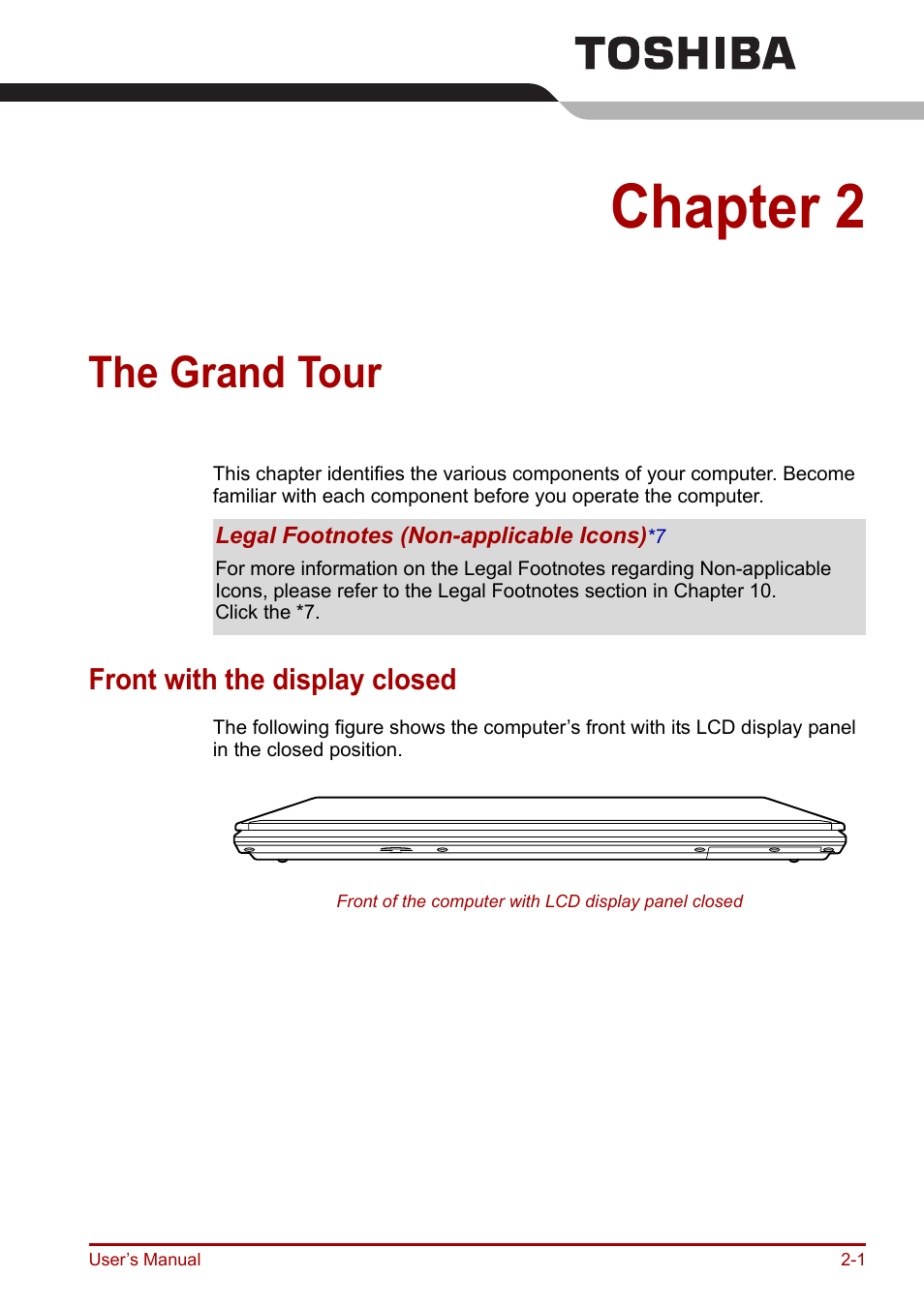 Chapter 2: the grand tour, Front with the display closed, The grand tour | Chapter 2, Front with the display closed -1, Apter 2, Grand tour | Toshiba Portege R200 (PPR21) User Manual | Page 30 / 184