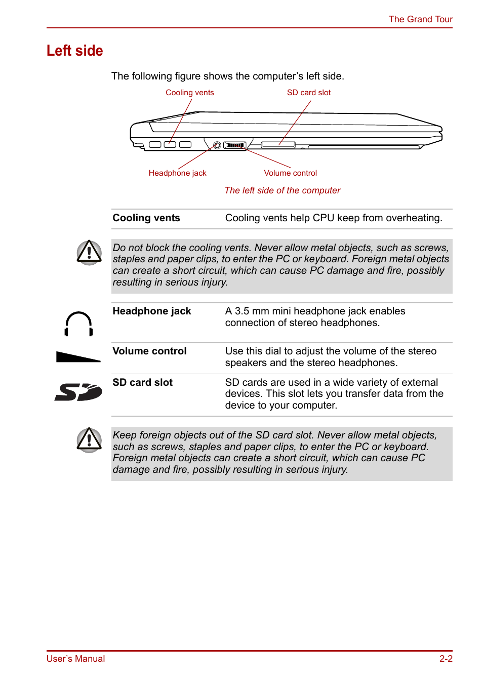 Left side, Left side -2 | Toshiba Portege R200 (PPR21) User Manual | Page 31 / 184