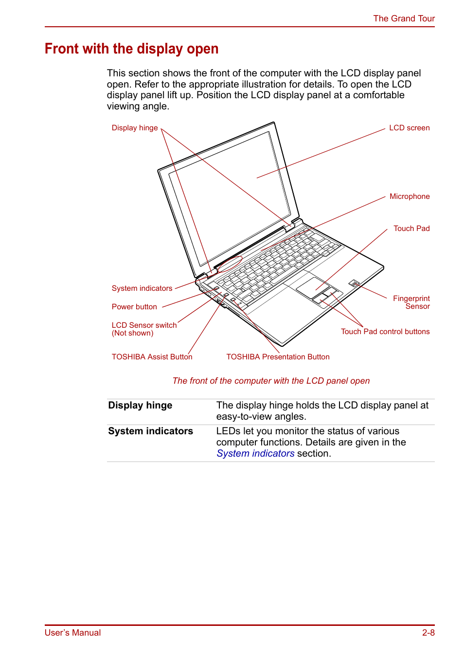 Front with the display open, Front with the display open -8 | Toshiba Portege R200 (PPR21) User Manual | Page 37 / 184