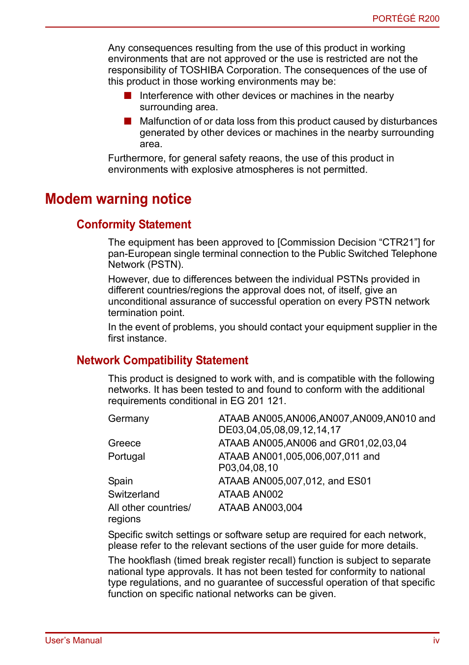 Modem warning notice, Conformity statement, Network compatibility statement | Toshiba Portege R200 (PPR21) User Manual | Page 4 / 184