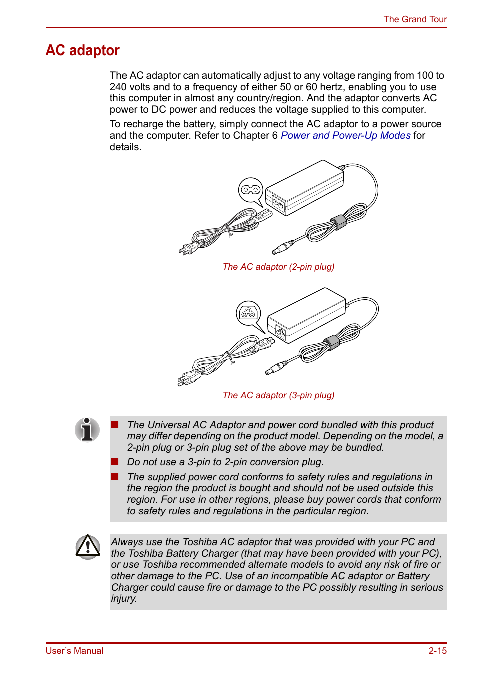 Ac adaptor, Ac adaptor -15 | Toshiba Portege R200 (PPR21) User Manual | Page 44 / 184