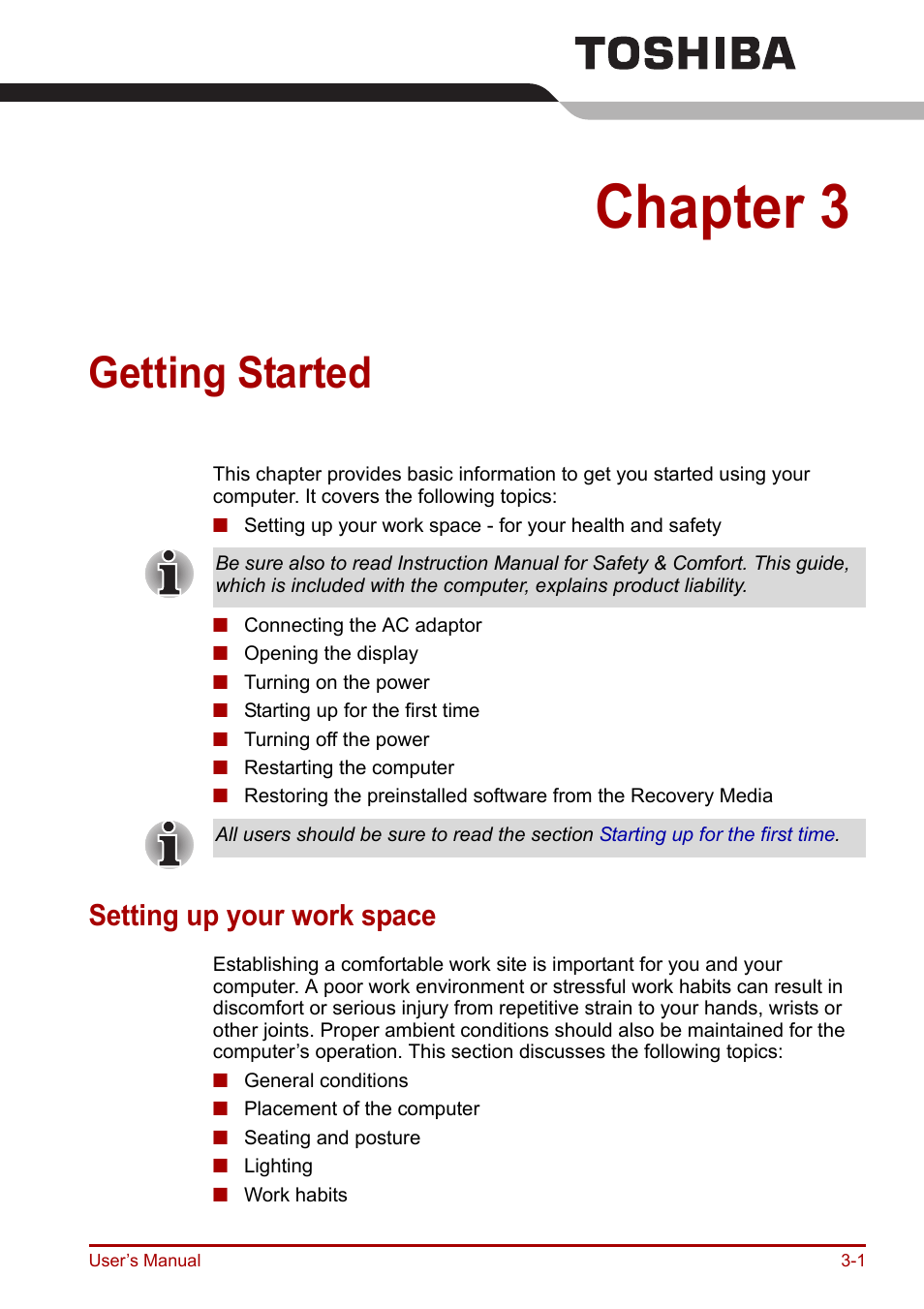 Chapter 3: getting started, Setting up your work space, Getting started | Provi, Chapter 3, Setting up your work space -1 | Toshiba Portege R200 (PPR21) User Manual | Page 45 / 184