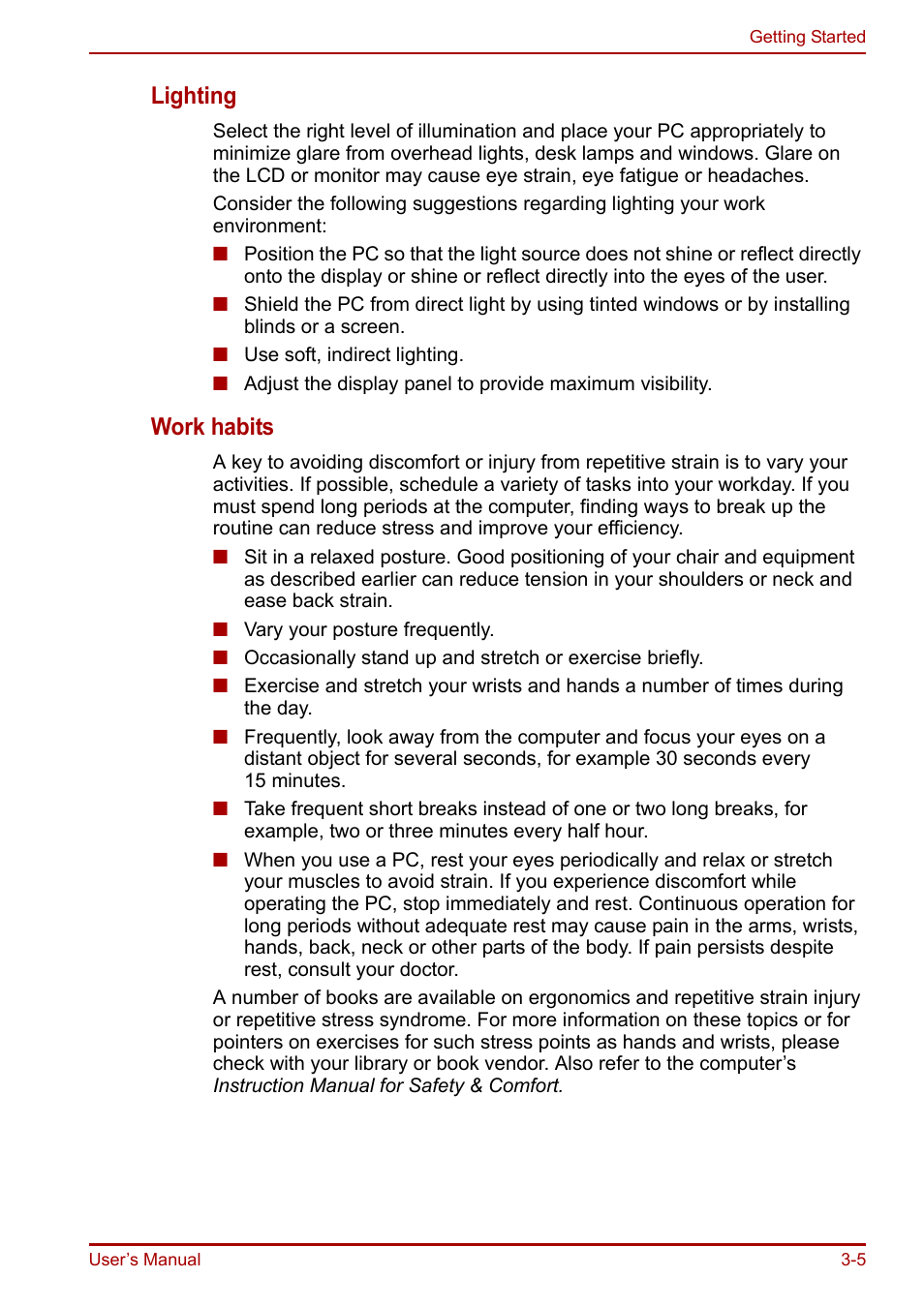 Lighting, Work habits | Toshiba Portege R200 (PPR21) User Manual | Page 49 / 184