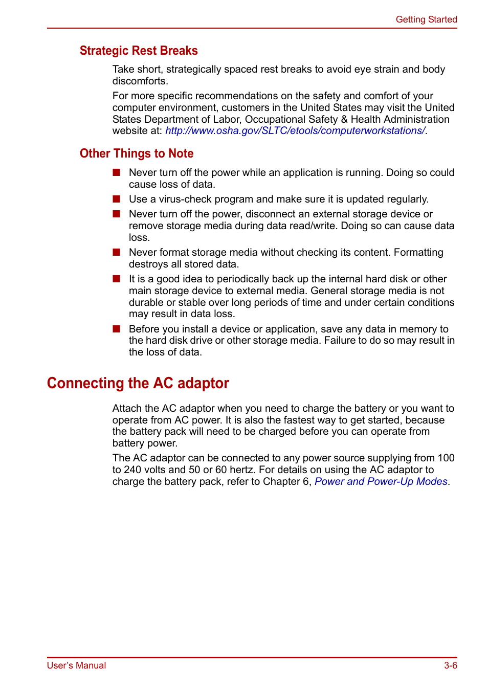 Connecting the ac adaptor, Connecting the ac adaptor -6, Strategic rest breaks | Toshiba Portege R200 (PPR21) User Manual | Page 50 / 184