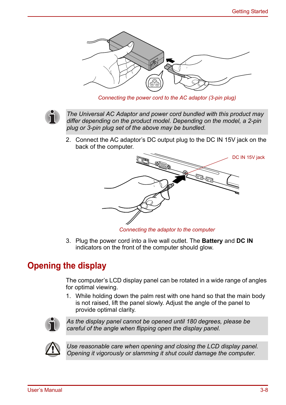 Opening the display, Opening the display -8 | Toshiba Portege R200 (PPR21) User Manual | Page 52 / 184
