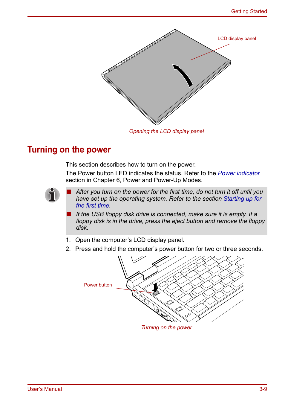 Turning on the power, Turning on the power -9 | Toshiba Portege R200 (PPR21) User Manual | Page 53 / 184