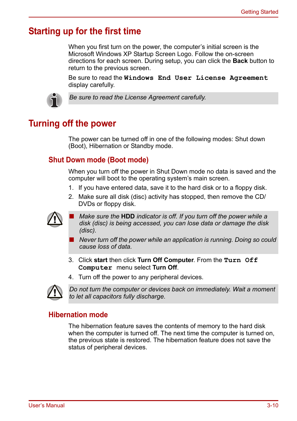 Starting up for the first time, Turning off the power, Refer to the section | Starting up for, The first time | Toshiba Portege R200 (PPR21) User Manual | Page 54 / 184