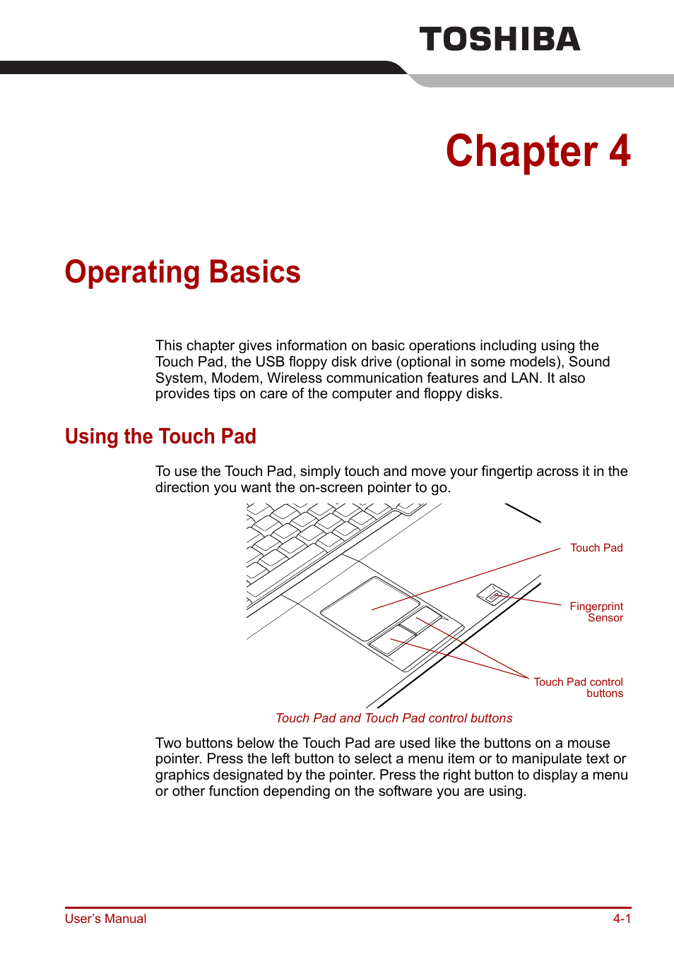 Chapter 4: operating basics, Using the touch pad, Operating basics | Incl, Chapter 4, Using the touch pad -1 | Toshiba Portege R200 (PPR21) User Manual | Page 59 / 184