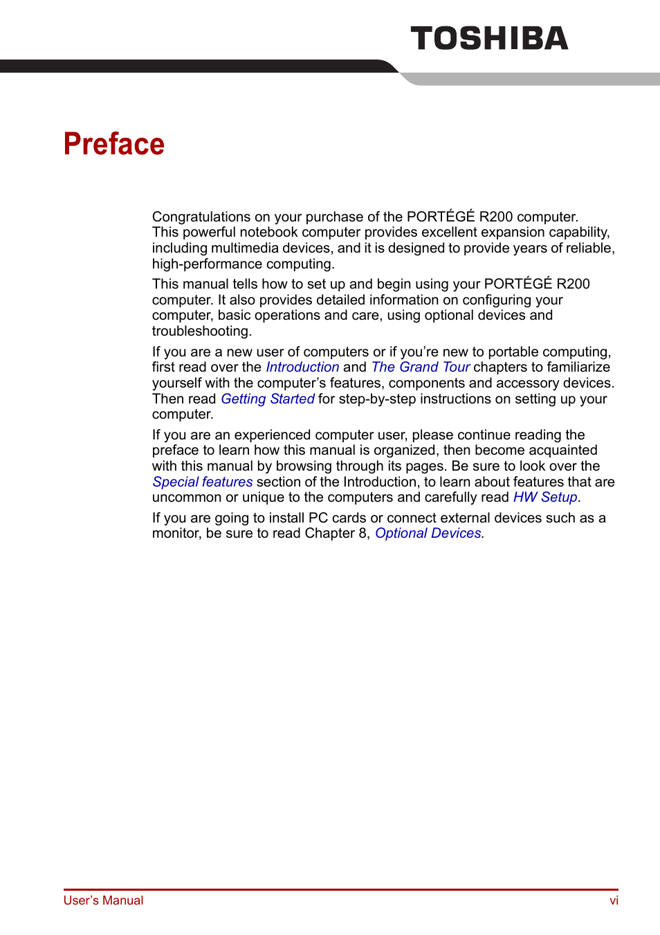 Preface | Toshiba Portege R200 (PPR21) User Manual | Page 6 / 184