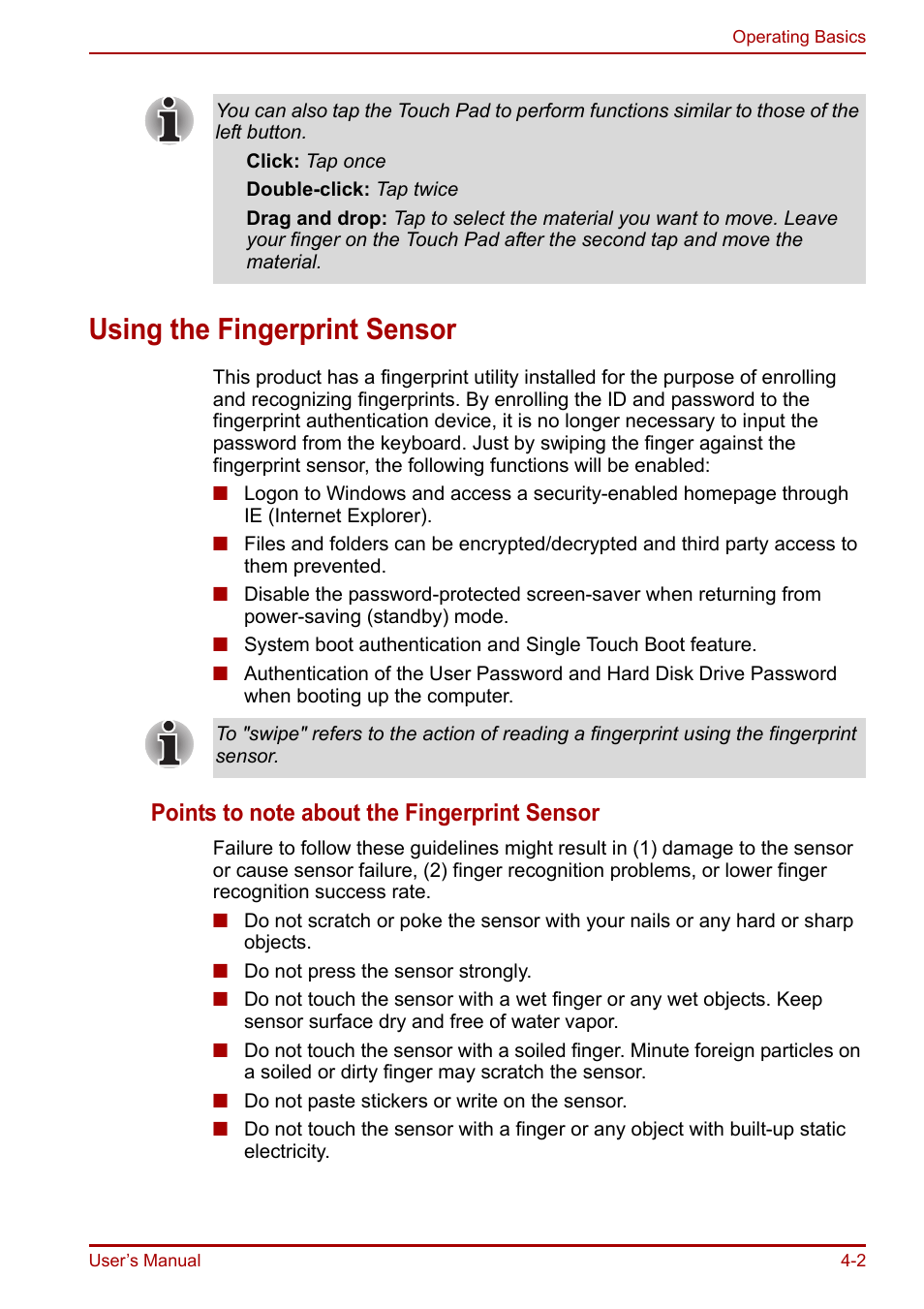 Using the fingerprint sensor, Using the fingerprint sensor -2 | Toshiba Portege R200 (PPR21) User Manual | Page 60 / 184