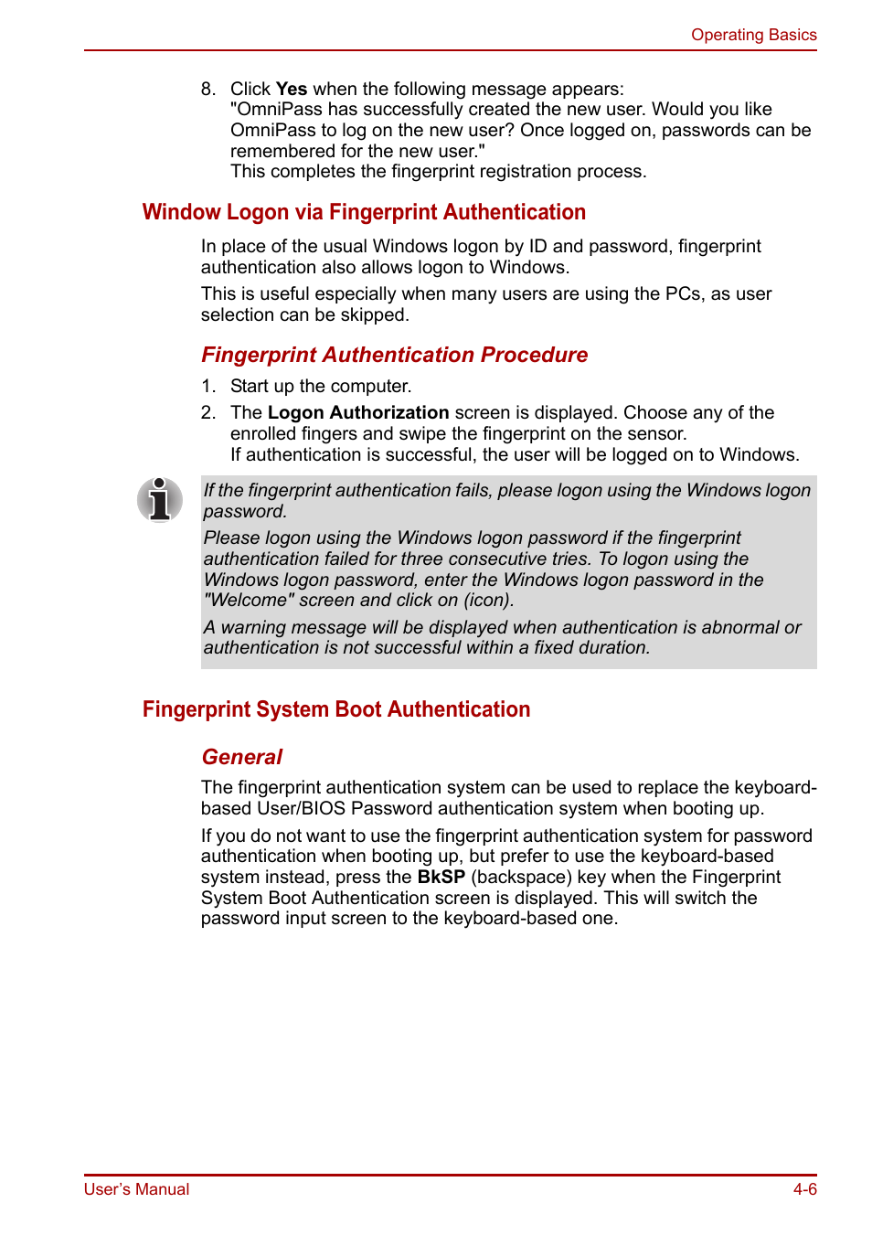 Window logon via fingerprint authentication, Fingerprint system boot authentication | Toshiba Portege R200 (PPR21) User Manual | Page 64 / 184