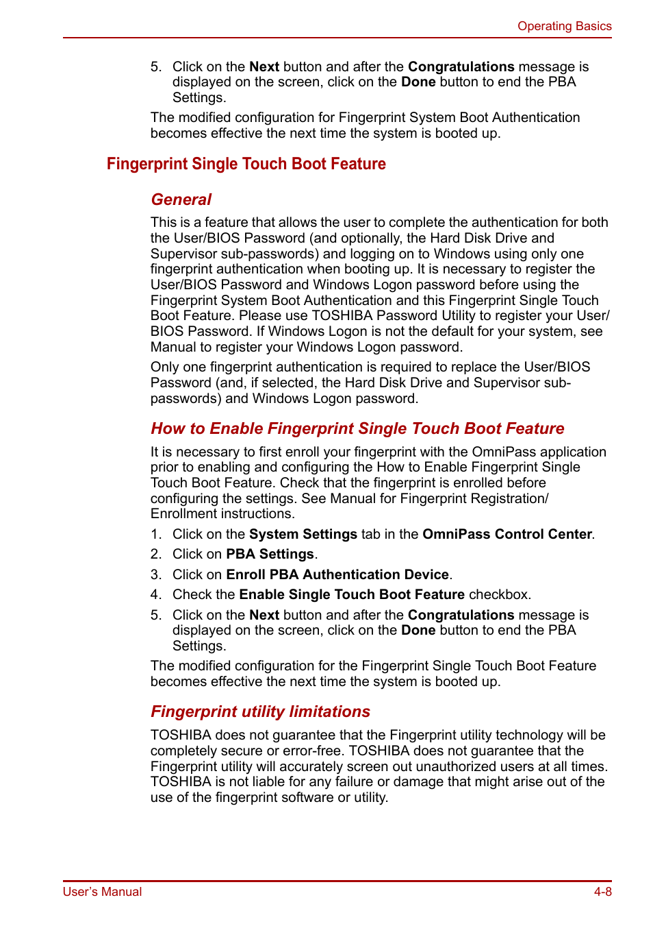 Fingerprint single touch boot feature | Toshiba Portege R200 (PPR21) User Manual | Page 66 / 184