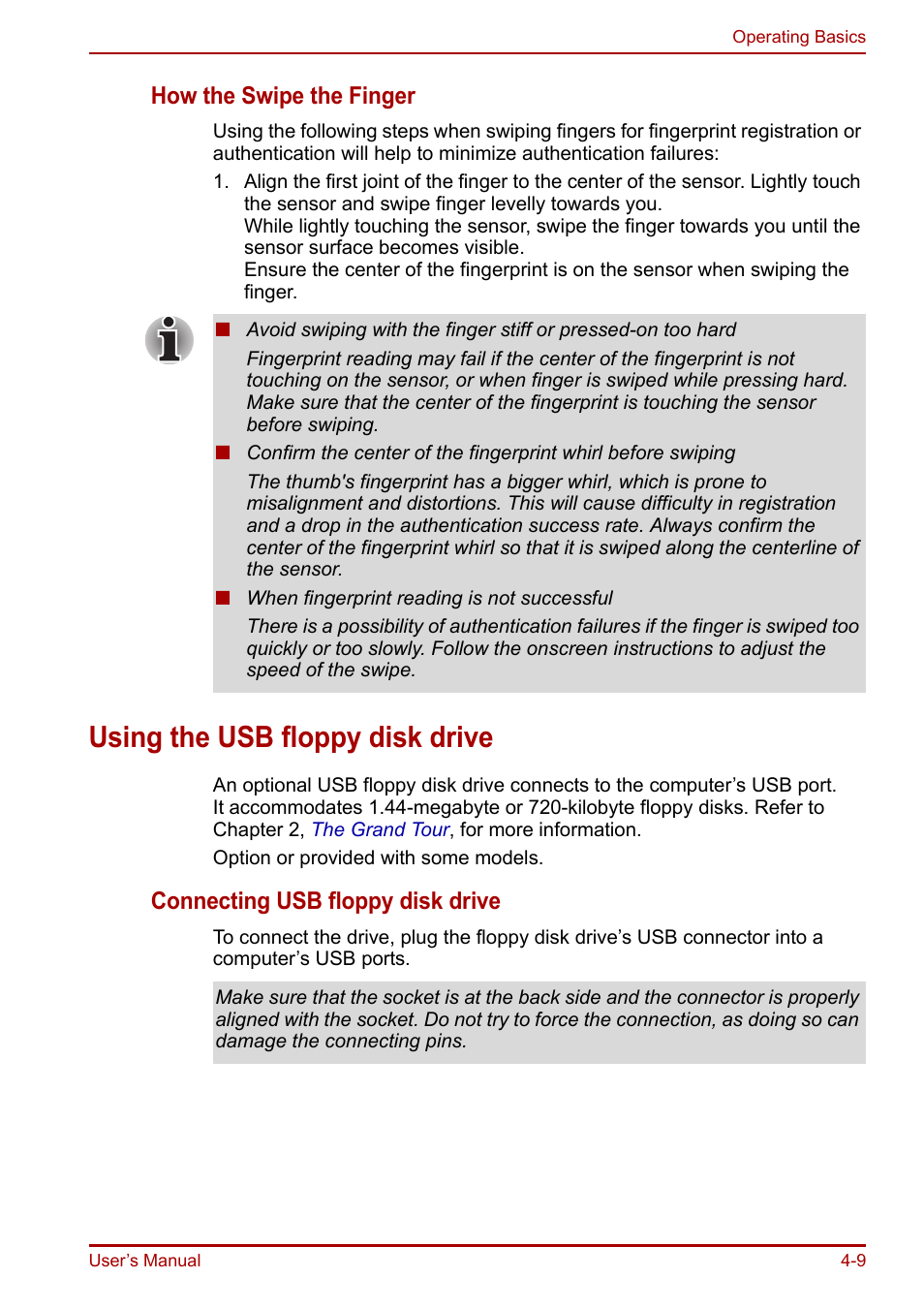 Using the usb floppy disk drive, Using the usb floppy disk drive -9, How the swipe the finger | Connecting usb floppy disk drive | Toshiba Portege R200 (PPR21) User Manual | Page 67 / 184