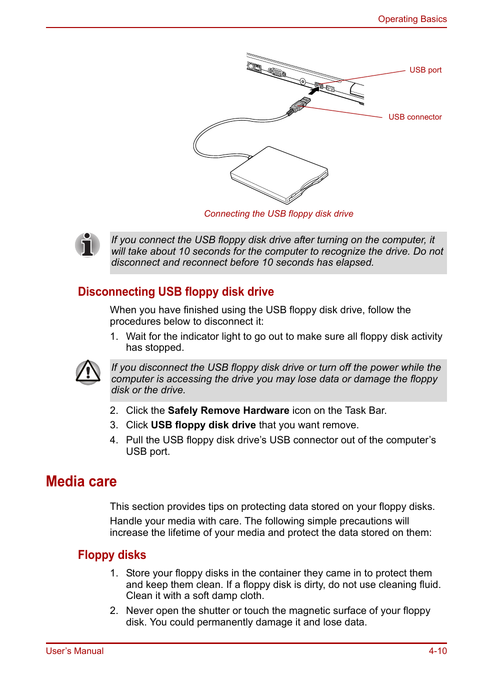 Media care, Media care -10, Disconnecting usb floppy disk drive | Floppy disks | Toshiba Portege R200 (PPR21) User Manual | Page 68 / 184